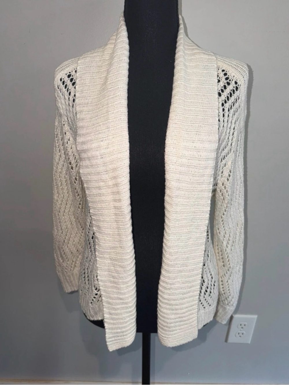 Ellen Tracy Cream Open-Front Eyelet Knit Cardigan